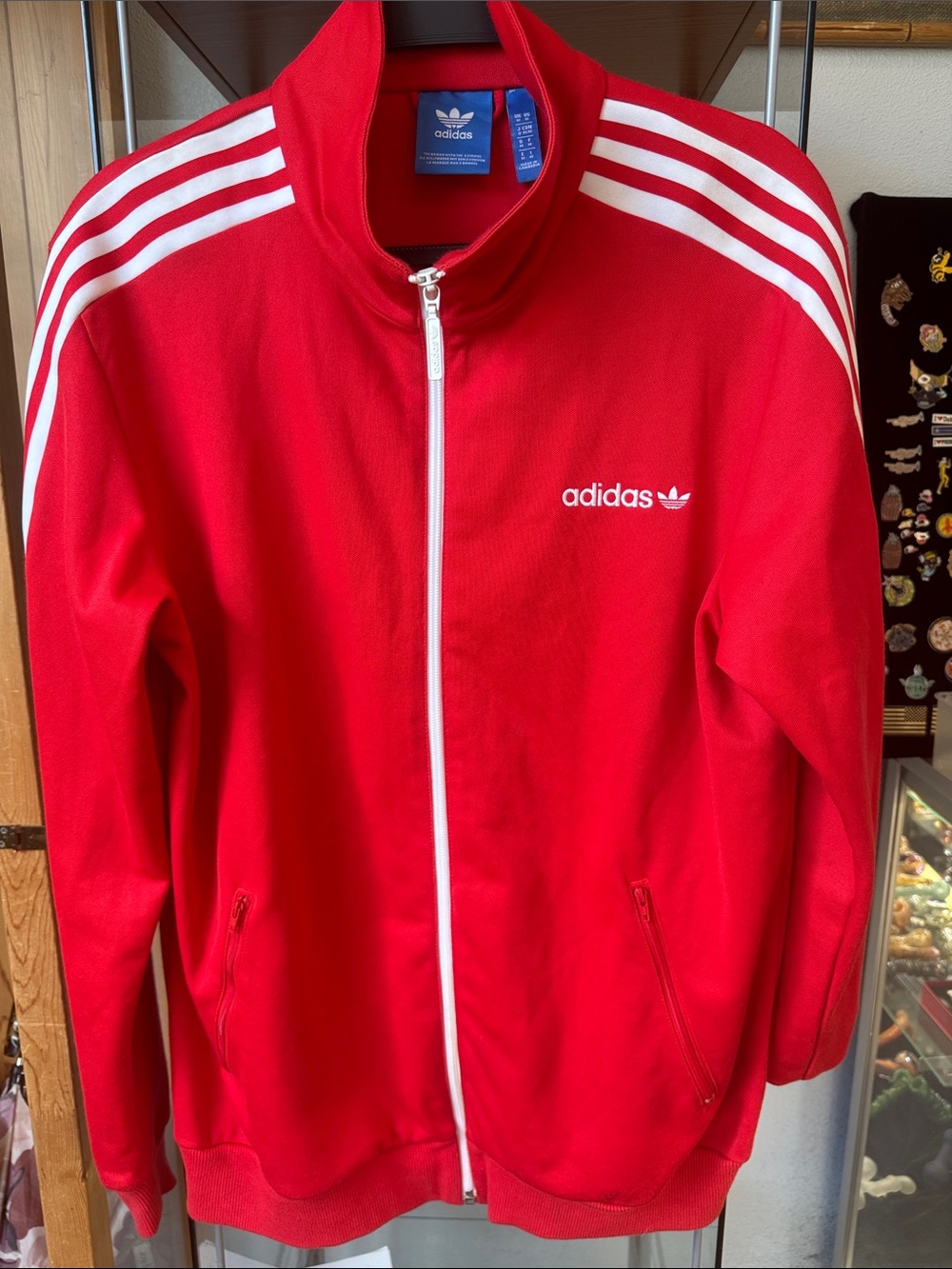Adidas Red Track Jacket with White Stripes and white zipper